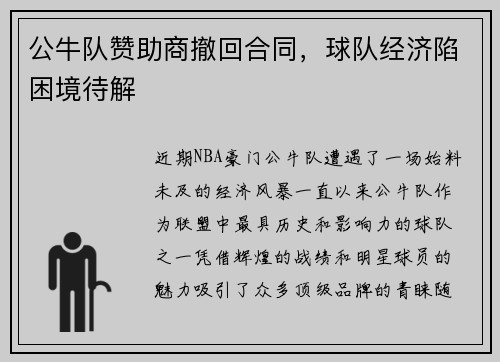 公牛队赞助商撤回合同，球队经济陷困境待解