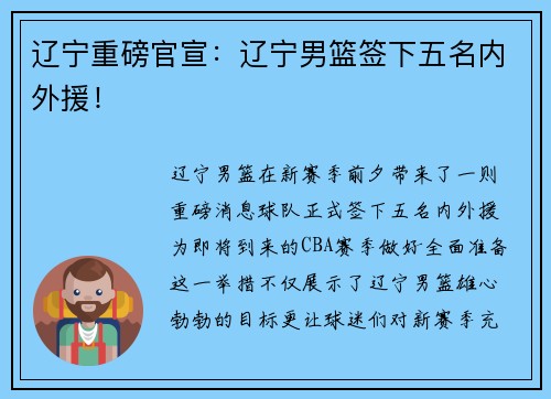 辽宁重磅官宣：辽宁男篮签下五名内外援！